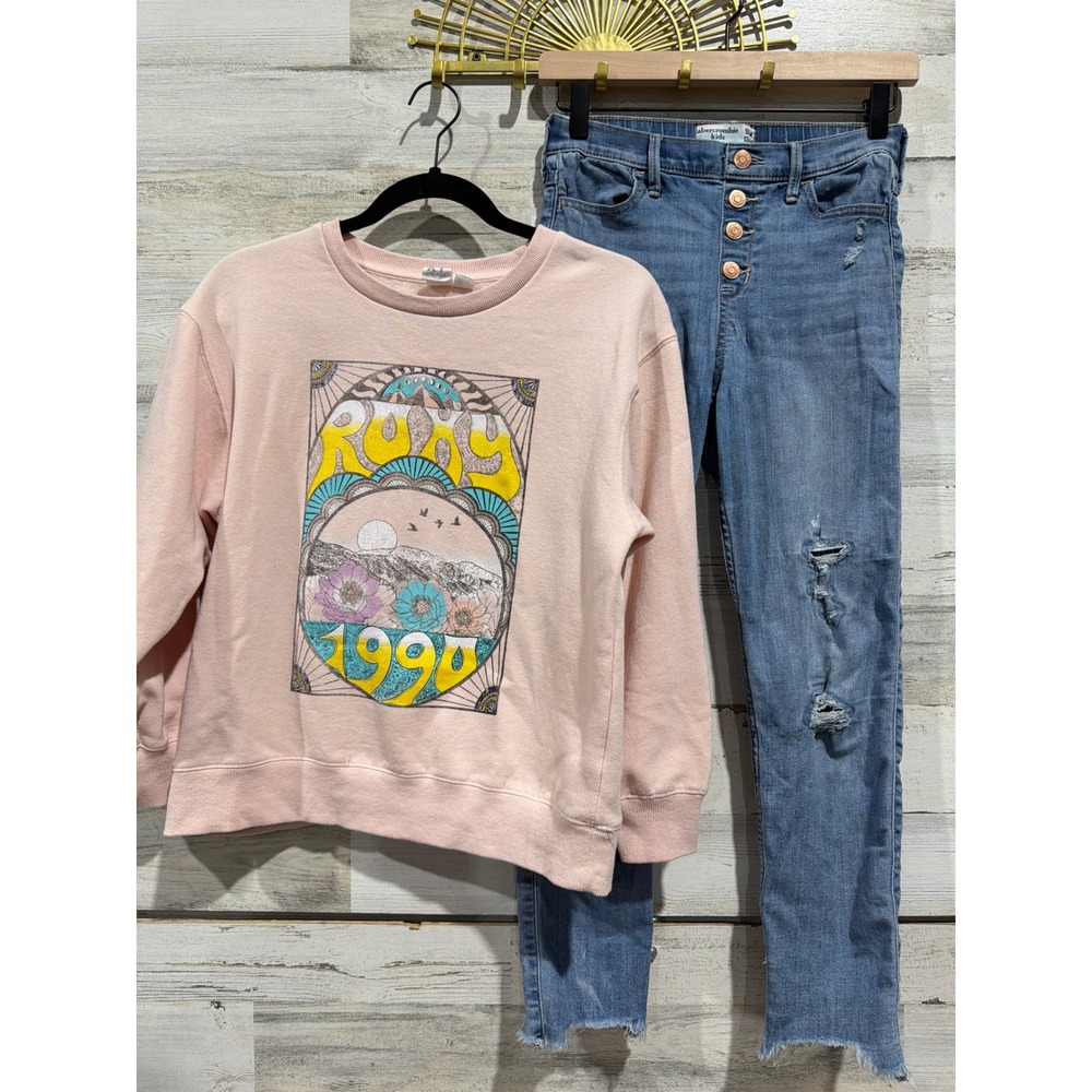 Roxy Abercrombie Kids Outfit Set 12/14 Pink Blue Graphic Distressed Boho EUC